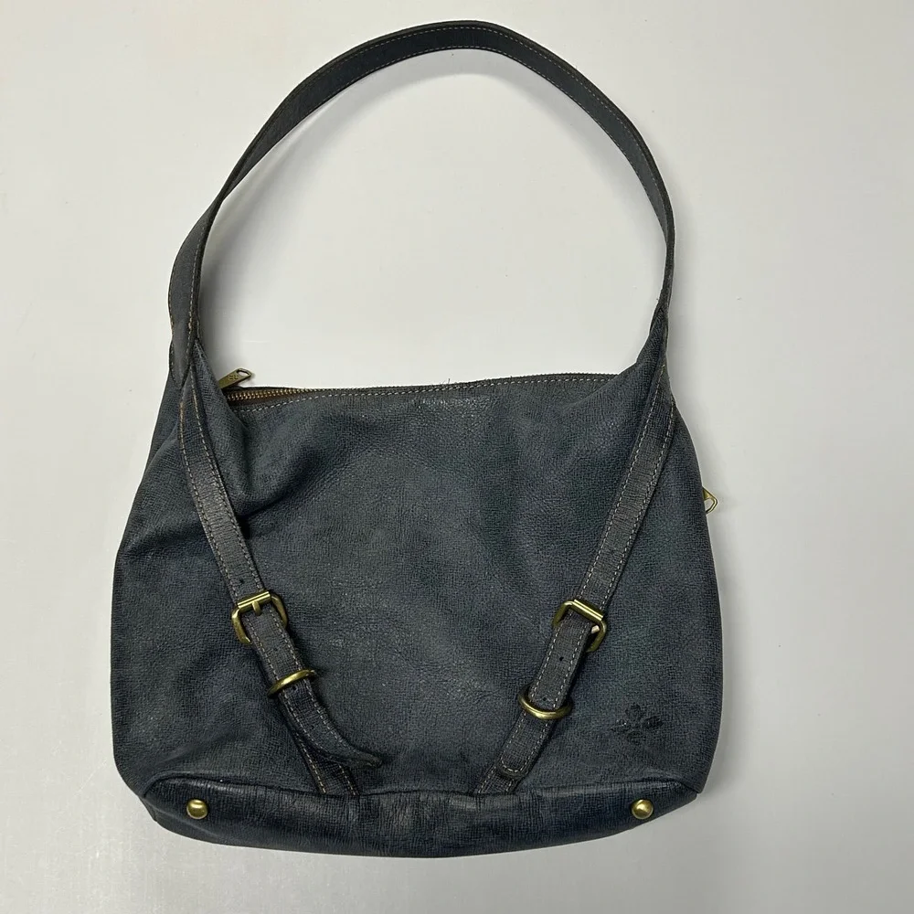Patricia Nash Leather Hobo‎ Shoulder Bag Slouchy Buckle Straps Textured Blue
